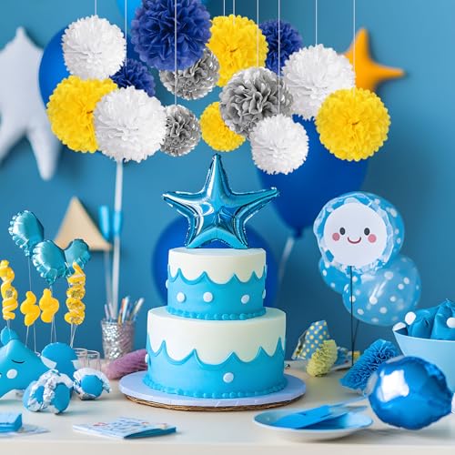 Image of 20 PCS Tissue Paper Pom Poms, Tissue Pom Poms Flowers, Sizes of 6 inch, 10 inch, 12 inch, 14 inch Hanging Paper Flower Ball for Wedding, Birthday, Graduation, Baby Shower Party Decor (Yellow White Silver Blue)