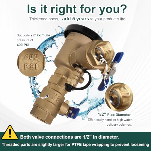 Image of 1 /2 inch Brass Pressure Vacuum Breaker, Max 400PSI Sprinkler Backflow Preventer for Non-Potable Systems Like Irrigation & Industry