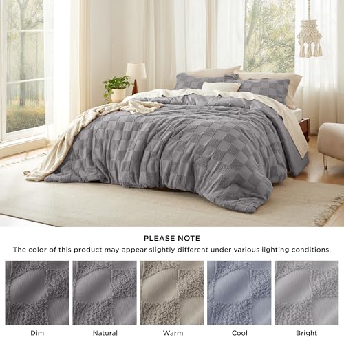 Image of Bedsure Grey King Size Comforter Set, Boho Tufted Bed Set, Checkered Farmhouse-Style Distressed Vintage Bedding, 3 Pieces, 1 Plaid Geometric Comforter and 2 Pillow Shams
