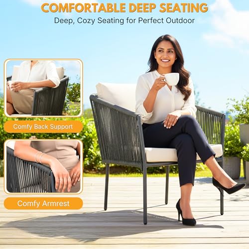 Image of DEVOKO 3 Piece Patio Rope Set Outdoor Woven Rope Conversation Balcony Furniture With Glass Top Table And Cushioned Chairs For Garden (Grey And White), (76 X 89 X 65Cm)