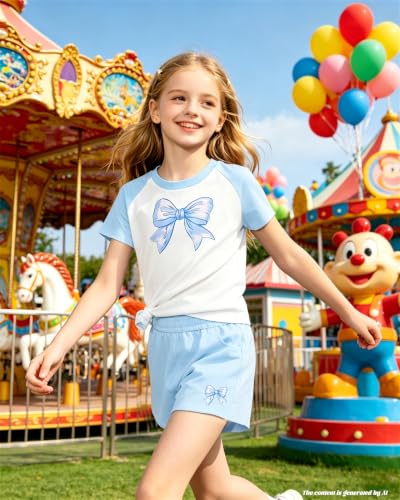Image of Bestuline Girls Summer 2 Piece Outfits,Basic Short Sleeve Top & Shorts Set with Side Pockets,4-14Y