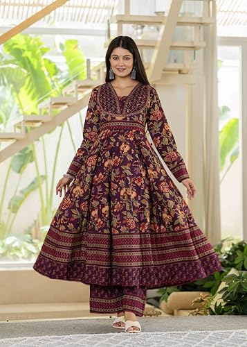 Image of Pistaa's Women's Pure Cotton Anarkali Floral Printed Kurta with Palazzo & Dupatta Set