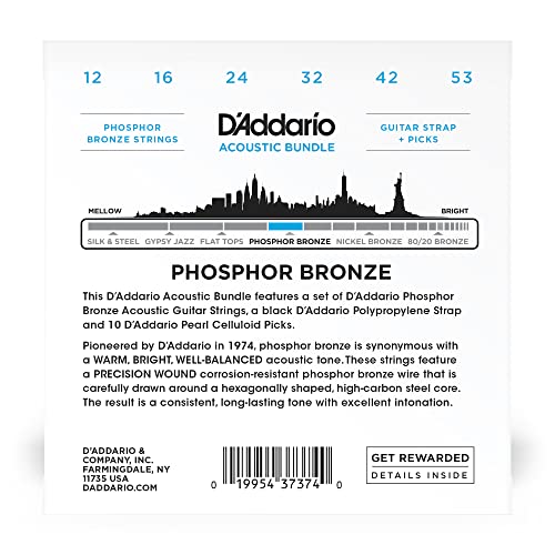 D'addario Acoustic Guitar Strings, Picks, Strap Beginner Kit - Ej16 Phosphor Bronze Acoustic Strings, 12-53 Light - Poly Pro Black Guitar Strap - 10 Pack Celluloid Assorted, Medium Gauge Guitar Picks #TOP3