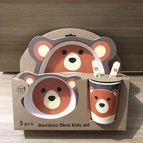 Ellyeall Juego Vajilla Bambú Niños Juego Vajilla Dibujos Animados Niños 5 Piezas Juego Comida Cena Animales Granja Ecológicos Regalo Regalo Vacaciones para Bebés Jardín Infantes,A