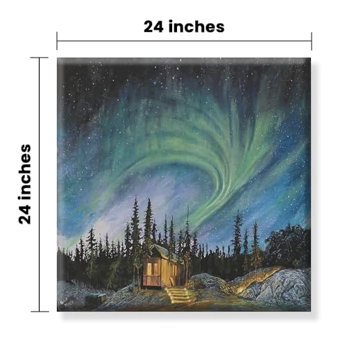 Image of Exsha Aurora Borealis Art Print|Northern Lights Forest Square Canvas Wall Painting|Nature Painting for Wall Decoration|Paintings for Living Room, Bedroom, Office|24x24 Inch|Exquisite Home Decor Gift