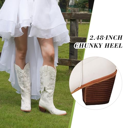 Image of Cowboy Boots for Women Pearl Embroidered Cowgirl Boots Western Chunky Heel Mid Calf Boot with Zipper