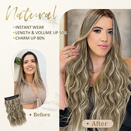 Nannan Invisible Wire Hair Extension With Transparent Wire Headband Adjustable Size 4 Secure Clips Long Wavy Synthetic Hairpiece For Women （20Inch,Medium Brown With Ash Blonde) #TOP2