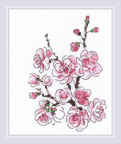 Image of RIOLIS - The Branch of Sakura 1818, Floral Cross Stitch Kits 5 inch x6, Cross Stitch Kits for Beginners & Advanced, Crossstitching Kits Adult, Counted Stitching Kits, Flowers Embroidery Kit