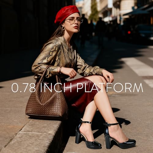 Image of Ankis Black Platform Closed Toe Heels for Women, Womens Heels Closed Round Toe Chunky Block Pumps Shoes, 4 Inch