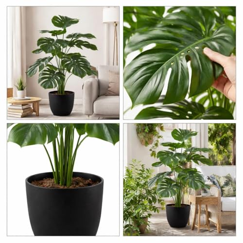Image of Artificial Monstera Plant with Black Pot - 26 Inch (66 cm) Tall Faux Tropical Decorative Plant for Home, Office, Balcony & Living Room Decor
