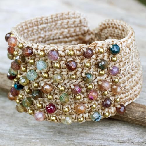 NOVICA Artisan Handmade Agate Wristband Bracelet Crocheted with Multi Color Agates Brass Labradorite Multicolor Beige Grey Beaded Style Thailand Hazelnut Bohemian Birthstone [7.5 in min L x 7.75 in ]2