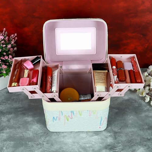 Image of NFI essentials Cosmetic Storage Makeup Bag for Womens Train Case Travel Makeup Pouch Organizer Brush Holder Makeup Artist Vanity Bridal Trousseau Box for Girls (Off-White)