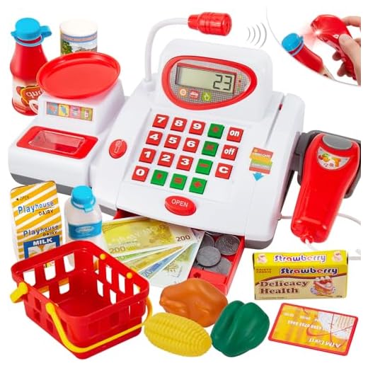 BUYGER Grande Caja Registradora Juguetes con Micrófono Escáner Calculadora, Balanza de Alimentos Luces y Sonido Maquina Tienda Supermercado Comida Juguetes para Niños Niña 3 Años