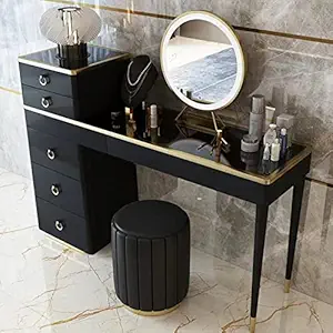 Vandana Interiors Luxury Dressing Table with Cabinet, Mirror, and Ottoman, 6 Drawers, Wooden, Metal Legs, Black Makeup Vanity Set,