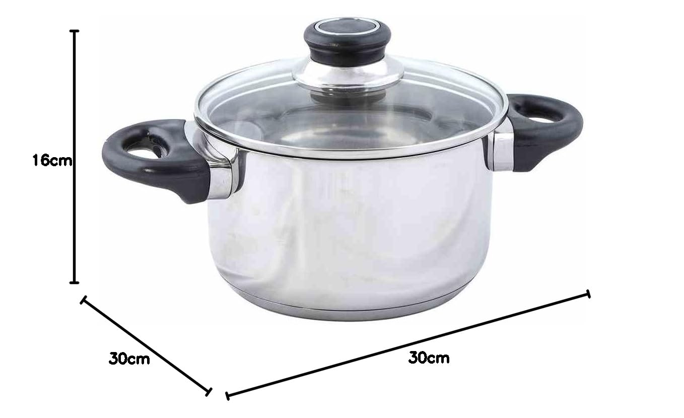 Krüger Edelstahl Kochtopf Denver 16 cm (1,5 L) | Topf mit Glasdeckel | PFAS-frei & unbeschichtet|Induktionsgeeignet|Spülmaschinengeeignet|energiesparender Thermoboden|Für Pasta, Gemüse & Suppen
