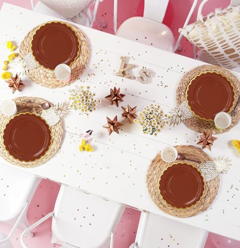 Image of HEIPINIUYE 50 Pieces Brown Paper Plates with Gold Foil 7 Inch Disposable Brown and Gold Scalloped Dinner Plates for Wedding Baby Shower Birthday Party Dessert Plate