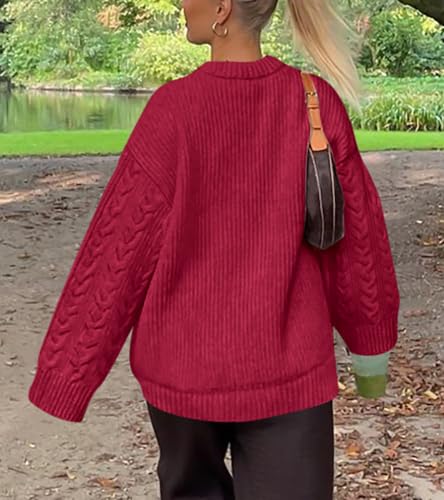 Okiwam Women's Oversized Sweaters Crewneck Cable Knit Pullover Casual Loose Fall Outfits Spring Fashion Clothes 2026-XL Red — view 3
