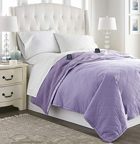 Thermee Micro Flannel King-Size Heated Electric Blanket With Sherpa, Machine Wash & Dry, Timer & Safety Shutoff, 100Lx90W, Lilac #TOP1