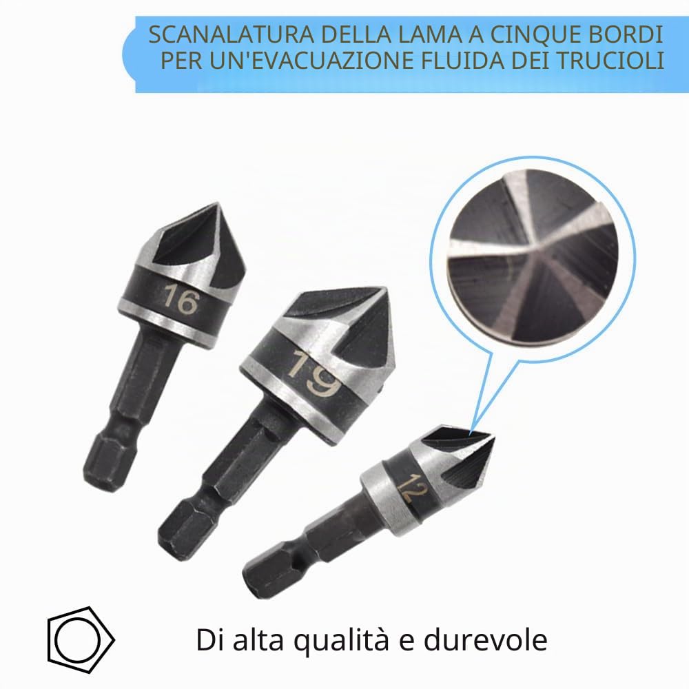 3 Pezzi Hex Countersink Drill Bit Set 5 Flute Gambo Esagonale Punte Trapano Trapano a 5 Taglienti a 90 Gradi Possono Essere Utilizzate Legno e Metallo (12/16/19mm)