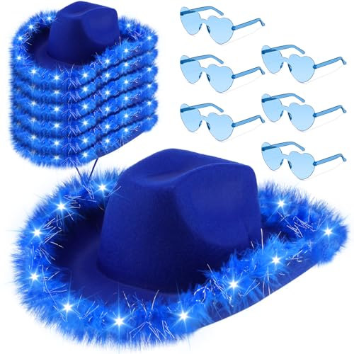 Zhanmai 6 Pieces Cowgirl Light up Hat with Feather Boa, 6 Pieces Heart Sunglasses Set for Girls Bachelorette Costume Party(Blue)
