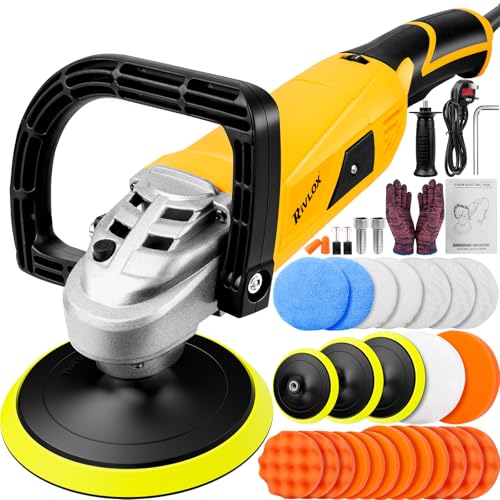 Rivlox Car Polisher and buffers 1600W 5/6/7 Inch Rotary Buffer Polisher Machine Kit with 7 Variable Speed 800-3500RPM with D and Side Handles for Cars Vans Caravans Sponge and Wool Pads Included