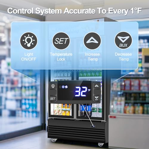 Image of Tylza Commercial Refrigerator, Double Glass Door Display Beverage Fridge, 28.1 Cu Ft Upright Beverage Cooler Merchandiser with Replaceable Advertising Light Board, Rebound Door, Fast Cooling, Black