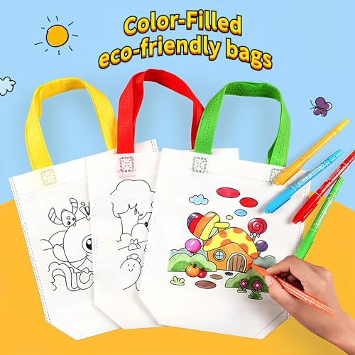 Image of HASTAP DIY Eco-friendly Graffiti Bag Children Reusable Handmade Canvas Painting Non-woven Bag Kids Art Craft Colour Filling Drawing Toy Party Gifting Bags for Return Gifts (Assorted, 12pcs)