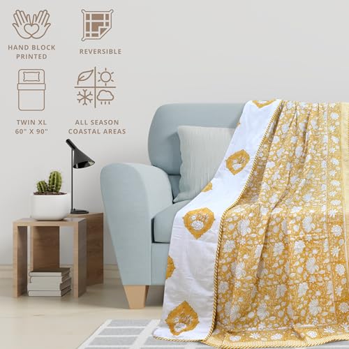 Image of TOAIArt Premium Jaipuri Dohar | AC Blanket Summer Quilt | Hand Block Printed | 3 Layers | Reversible | 150GSM 100% Mulmul Cotton | 100% Cotton Flannel Filling | Single 60 inch X 90 inch |Mustard Kalamkari