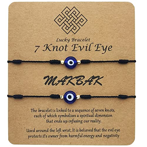 MAKBAK Evil Eye 7 Knot Lucky Bracelets for Women Men Adjustable Lucky Amulet Black Red String Bracelet for Protection Teen Girls Boys Family Friends (Black, Bronze)