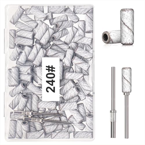 100pcs 240 Grit Small Sanding Bands for Nail Drill with 2pcs 3/32&rsquo;&rsquo; Upgrade Mandrels Bits, Mini Sanding Bands for Nail Drill for Manicure Nail Salon and Nail Enthusiasts Use, White
