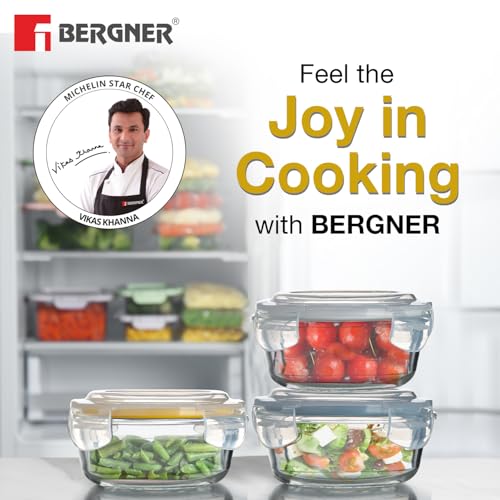 Image of BERGNER Borosilicate Glass Side Lock Round Storage Container for Kitchen with Air-Tight and Leakproof Lid, BPA Free, Microwave and Oven Safe, Removable Silicone Yellow Gasket, 400 ml each (Set of 2)