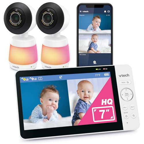 Image of VTech Smart HQ Max Twin WiFi Baby Monitor with 2 Cameras - 1080p FHD Split Screen, 7" IPS Display, Pan Tilt Zoom, Night Light, Free App No Subscription, Motion & Sound Alerts – Dual Room Monitoring