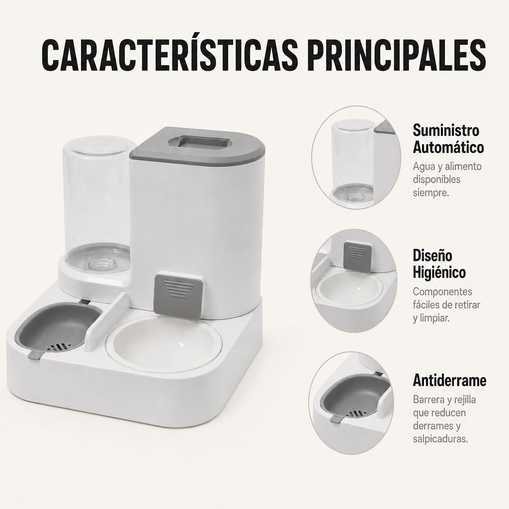 Comedero y Bebedero automático 2 en 1 para Gatos y Perros – Dispensador de Comida 2,2 L y Agua 1 L, diseño Compacto, Materiales Resistentes, Color Gris – Uso Diario en Interiores