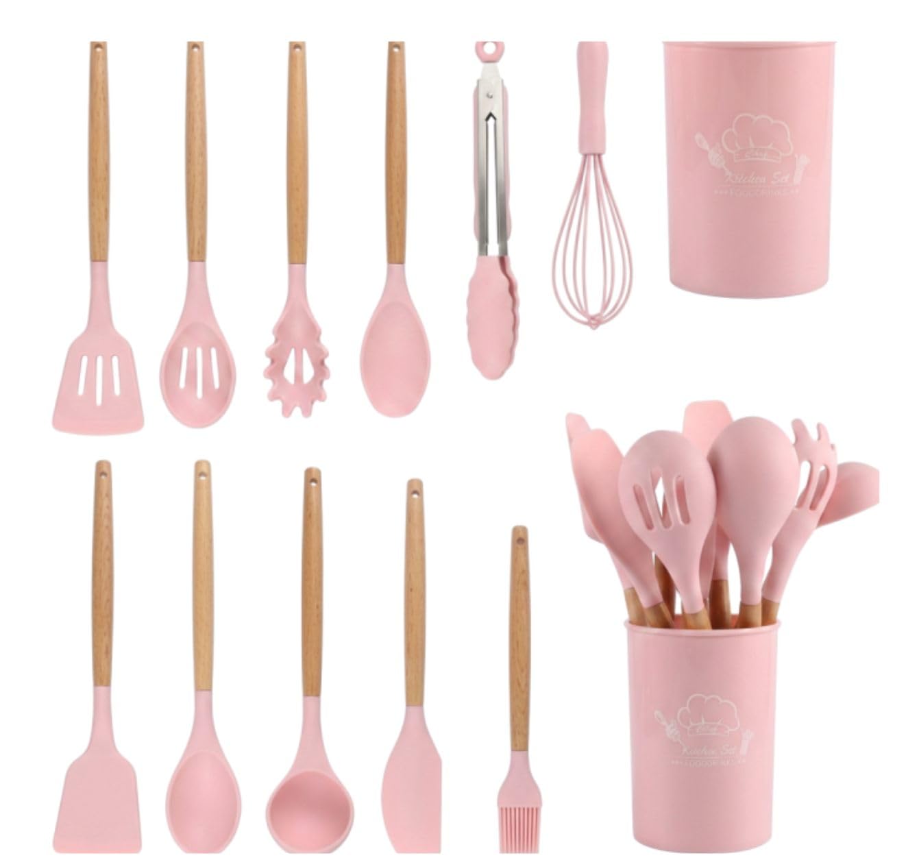 TINA&CO Juego de 12 Utensilios de Cocina de Silicona con Mango de Madera - Kit de Cocina Completo de Menaje, Antihaderente, Resistentes al calor y Duraderos (Rosa)