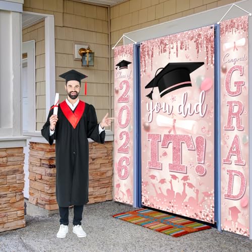 Image of 2026 Graduation Banner Pink Class of Congrats Grad Porch Sign and You Did It Graduation Door Cover for High School College Party Supplies Indoor Outdoor(Pink)
