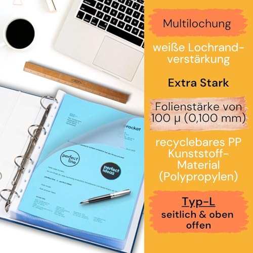 perfect line – 100 Prospekthüllen A4, seitlich & oben offen (Typ L) - extra stark, säurefrei, dokumentenecht, Klarsichthüllen reißfest, Made in EU