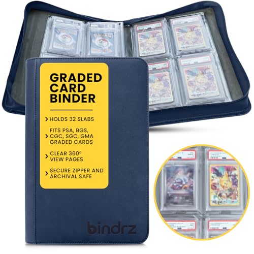bindrz 4 Pocket Graded Card Binder – Holds 32 Slabs - Archival Safe Zipper Album Storage Compatible with PSA, BGS, CGC, SGC, TAG and AGS Slab (Blue)
