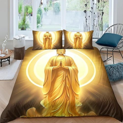 Housse De Couette 135X200 Cm Statue De Bouddha Parure De Lit en Microfibre 1/2 Personnes avec Fermeture Éclair Housse Couette 3D Imprimé avec 2 Taie...