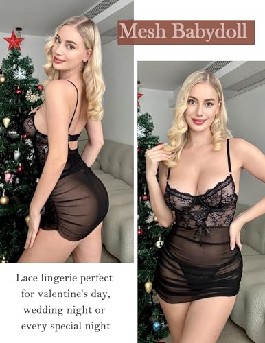 Avidlove Sexy Lingerie for Women Floral Lace Nightwear V Neck Babydoll Chemise Sexy Boudoir Outfits (Black Small) - image 5