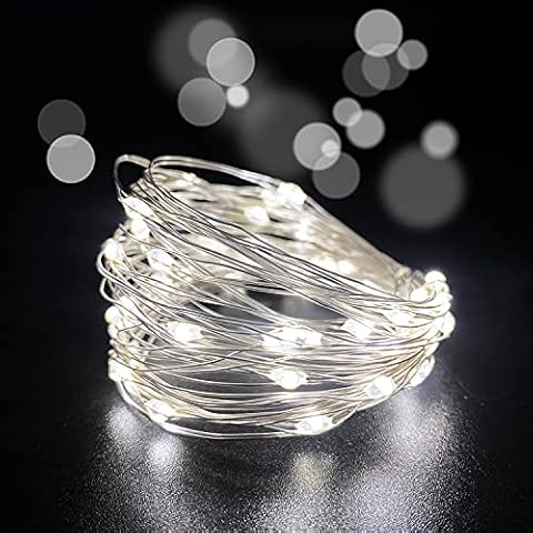 yongzhenlite Set of 4 Battery Operated Mini Led Fairy Light Dewdrop Lights with Timer 6 Hours on/18 Hours Off for Wedding Halloween Christmas Party Decorations,30 LEDs,10 Ft Silver Wire (Cold White) Cover
