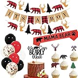Lumberjack Baby Shower Set Banner Buffalo Plaid Rustic Hunter Theme It's A Boy Camping Bear Baby Shower Cake Topper Decorations Supplies Lumberjack Gender Reveal Banner