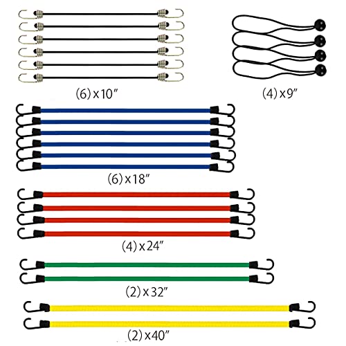 Xstrap Standard 24 Pieces Heavy Duty Bungee Cords With Hooks, Elastic Bungee Cords Assorted Sizes - Includes 10”, 18”, 24”, 32”, 40” Bungee Cord And 4 Pcs 9'' Ball Ties, And Drawstring Bag #TOP2