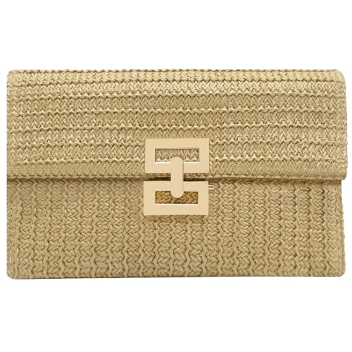 ATQCOL Bolsa pequena de palha para mulheres, bolsa tiracolo de ombro de verão, bolsa clutch de vime tecida à mão para férias, Cáqui/A