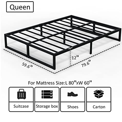 EMODA 12 Inch Queen Bed Frame No Box Spring Needed Heavy Duty Metal Platform BedFrame Queen Size with Steel Slats, Easy Assembly, Black - Thumbnail 3