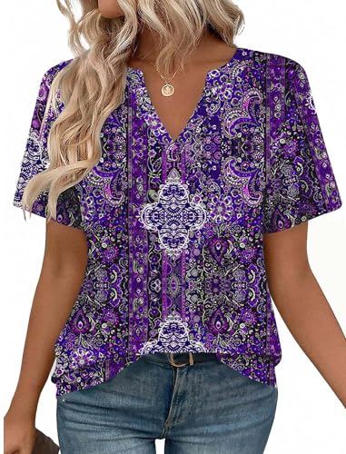 Zeagoo Womens Short Sleeve V Neck Tops Casual Summer T Shirts for Ladies Basic Tees Tunic Boho Outfits Purple L