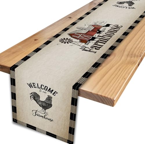 Farm Animals Table Runner, Rustic Farmhouse Cow Pig Rooster Watercolor