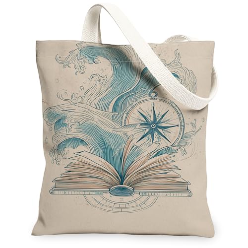 Borse di totalizzatore della tela della bussola, borse della drogheria riutilizzabili di progettazione del libro dell'oceano, leggere dell'annata nautica di, Beige, 13x15 Inch