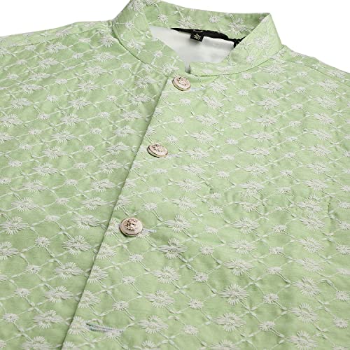 Image of SOJANYA (Since 1958 Men's Silk Blend Light Green Kurta & Nehrujacket with White Pyjama Combo