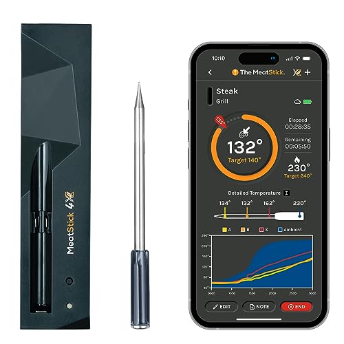 MeatStick 4X (One Probe Set) | Quad Sensors Smart Wireless Meat Thermometer | 650ft Range Digital Food Probe with Bluetooth | for Smoking, Grilling, BBQ, Air Fryer, Deep Frying, Oven, Rotisserie