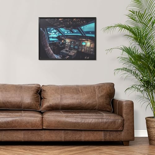 Tableau cockpit avion en toile avec cadre noir 40x30 cm pour salon moderne